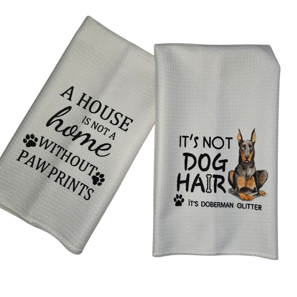 Dog Towels - White Doberman pincher dog glitter kitchen towel set